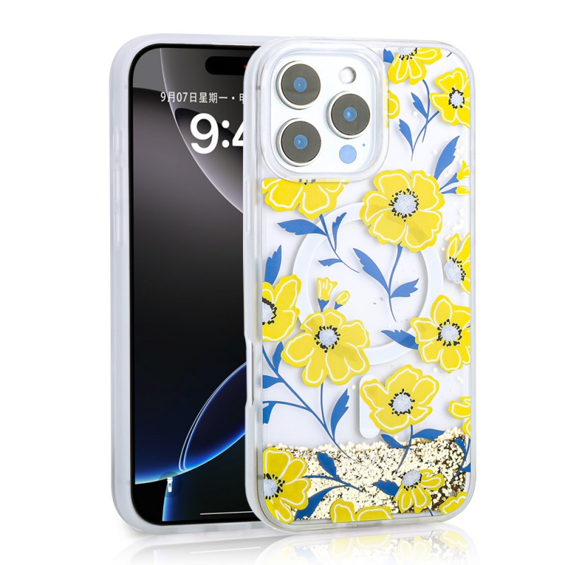 Bal-z Apple iPhone 16 Pro Max Kılıf Sıvılı Simli Baskılı Şeffaf Arka Yüzey Zore Mossa Silikon Kapak