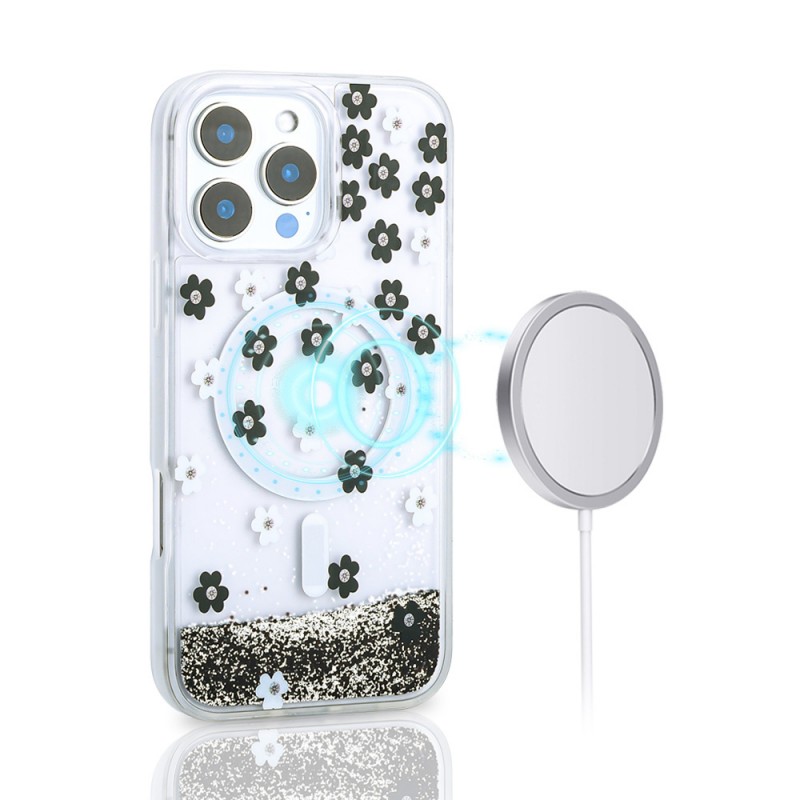 Bal-z Apple iPhone 16 Pro Max Kılıf Sıvılı Simli Baskılı Şeffaf Arka Yüzey Zore Mossa Silikon Kapak