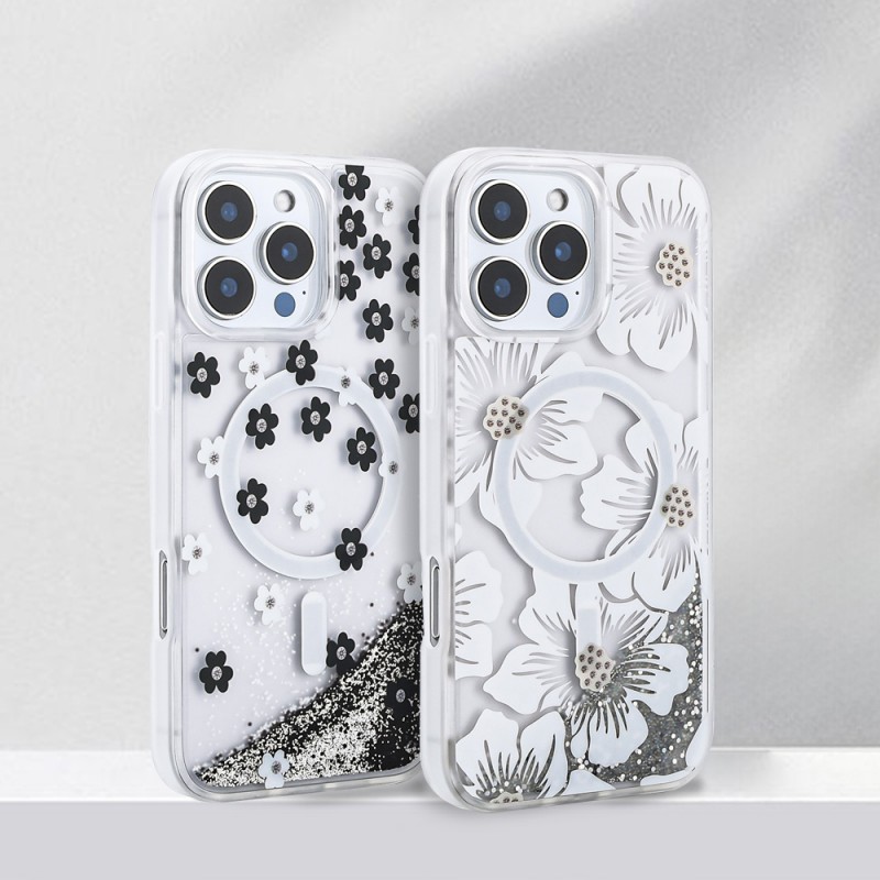 Bal-z Apple iPhone 16 Pro Max Kılıf Sıvılı Simli Baskılı Şeffaf Arka Yüzey Zore Mossa Silikon Kapak