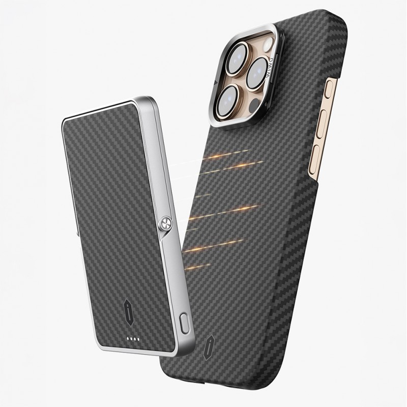 Bal-z Apple iPhone 16 Pro Max Kılıf Wiwu DCC-206 M-safe Şarj Özellikli Kamera Standlı Aramid Fiber Tasarım Kevlar Kapak