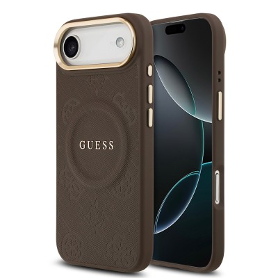 Bal-z Apple iPhone 17 Air Kılıf Guess Orjinal Lisanslı M-safe Şarj Özellikli Sıcak Baskılı Yazı Logolu PU Deri Peony Kapak
