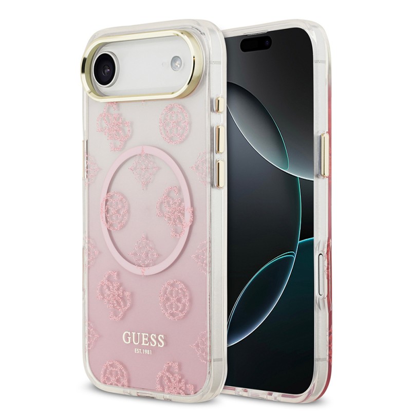 Bal-z Apple iPhone 17 Air Kılıf Guess Orjinal Lisanslı M-safe Şarj Özellikli Simli Peony Desenli Silikon Kapak