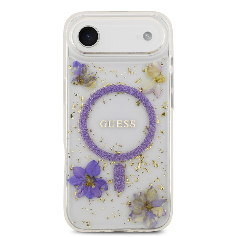 Bal-z Apple iPhone 17 Air Kılıf Guess Orjinal Lisanslı M-safe Şarj Özellikli Transparan Resin Flowers Kapak