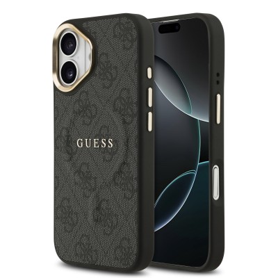 Bal-z Apple iPhone 17 Kılıf Guess Orjinal Lisanslı M-safe Şarj Özellikli Gold Metal Kamera Çerçeveli PU Deri 4G Desenli Yazı Logolu Kapak