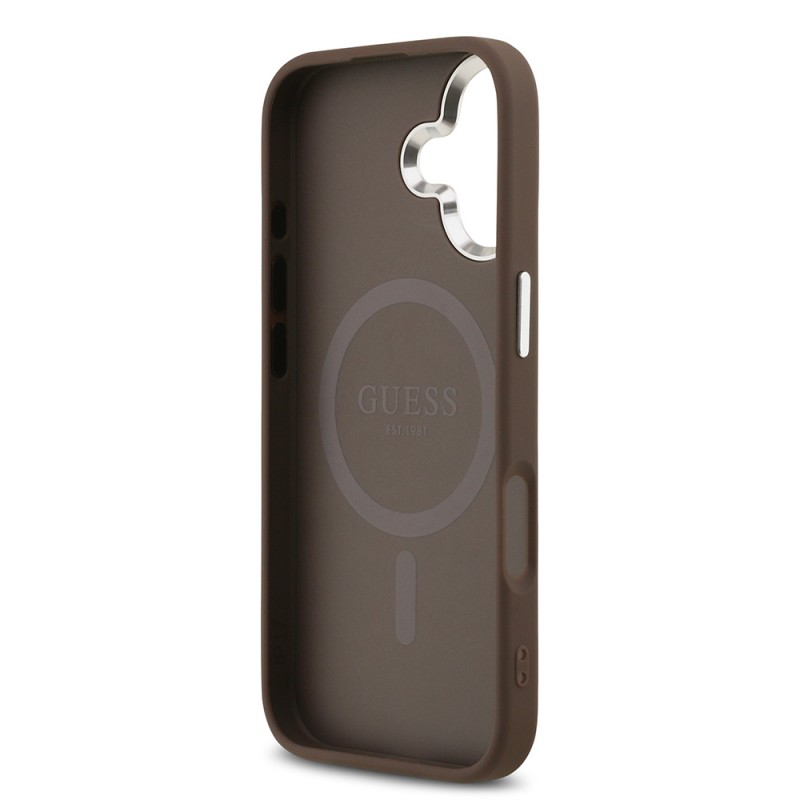 Bal-z Apple iPhone 17 Kılıf Guess Orjinal Lisanslı M-safe Şarj Özellikli Gümüş Metal Kamera Çerçeveli Üçgen Logo 4G Desenli Kapak