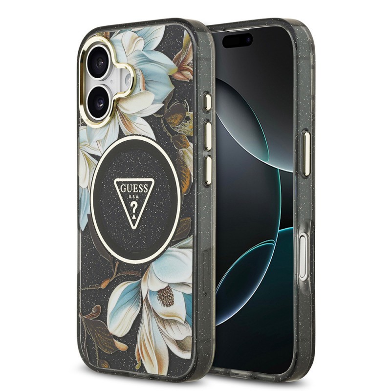 Bal-z Apple iPhone 17 Kılıf Guess Orjinal Lisanslı M-safe Şarj Özellikli Simli Çiçek Desenli Metal Kamera Çerçeveli Üçgen Logolu Kapak