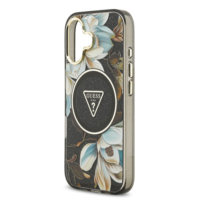 Bal-z Apple iPhone 17 Kılıf Guess Orjinal Lisanslı M-safe Şarj Özellikli Simli Çiçek Desenli Metal Kamera Çerçeveli Üçgen Logolu Kapak