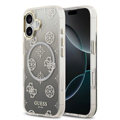 Bal-z Apple iPhone 17 Kılıf Guess Orjinal Lisanslı M-safe Şarj Özellikli Simli Peony Desenli Silikon Kapak