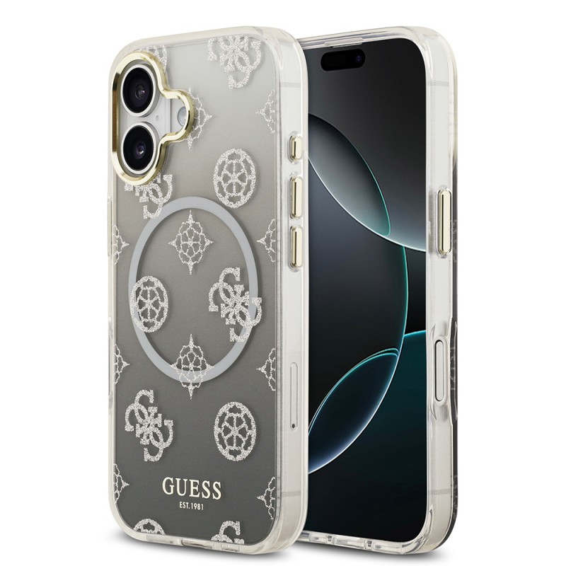 Bal-z Apple iPhone 17 Kılıf Guess Orjinal Lisanslı M-safe Şarj Özellikli Simli Peony Desenli Silikon Kapak