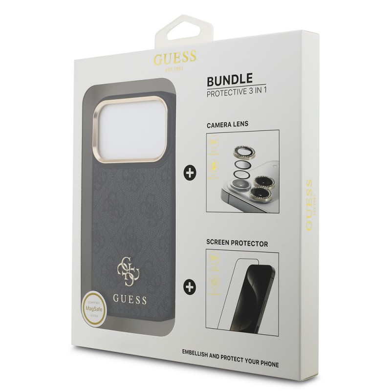 Bal-z Apple iPhone 17 Pro Guess Orjinal Lisanslı 4G ve Yazı Logolu Kılıf + Ekran Koruyucu + Lens Koruyucu 3in1 Aksesuar Seti