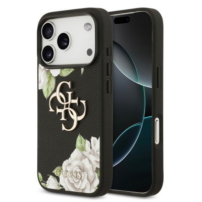 Bal-z Apple iPhone 17 Pro Kılıf Guess Orjinal Lisanslı Gül Baskılı Büyük Metal Logo Dizaynlı Kapak