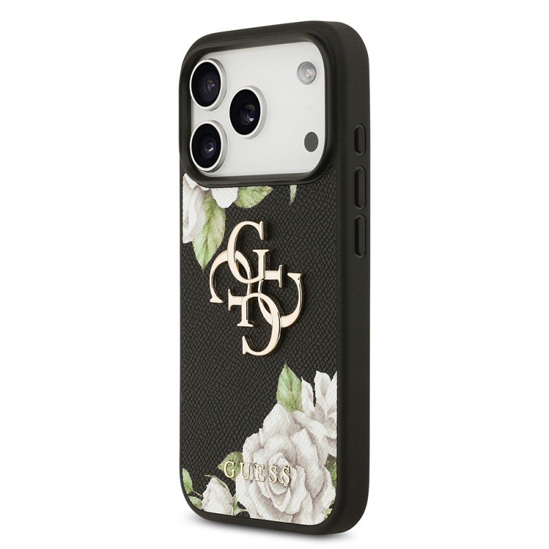 Bal-z Apple iPhone 17 Pro Kılıf Guess Orjinal Lisanslı Gül Baskılı Büyük Metal Logo Dizaynlı Kapak