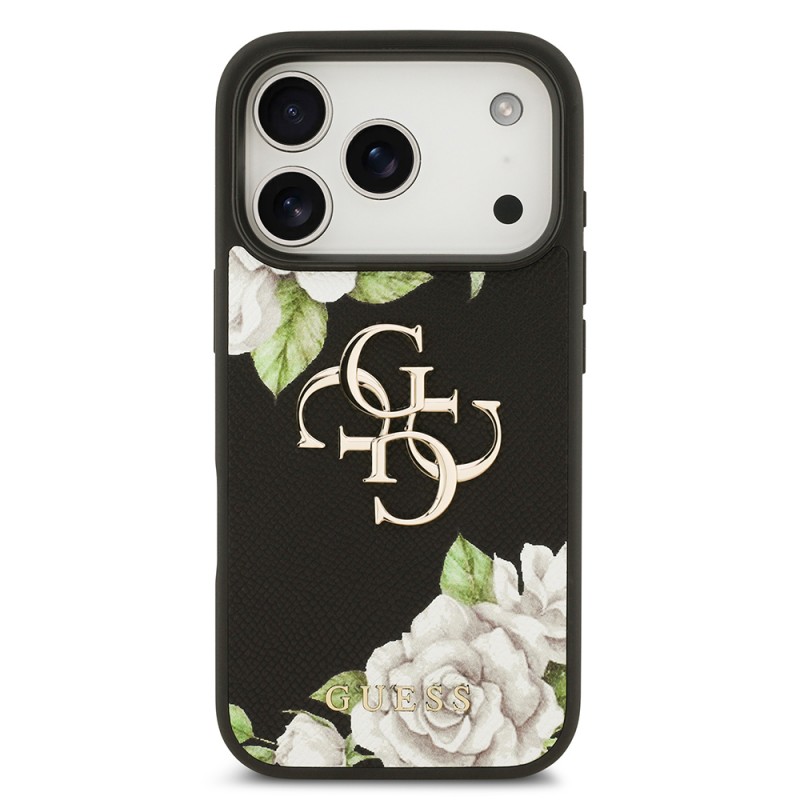 Bal-z Apple iPhone 17 Pro Kılıf Guess Orjinal Lisanslı Gül Baskılı Büyük Metal Logo Dizaynlı Kapak