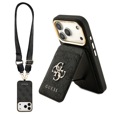 Bal-z Apple iPhone 17 Pro Kılıf Guess Orjinal Lisanslı M-safe Şarj Özellikli Askılı ve 4G Logo Kartlıklı Kapak