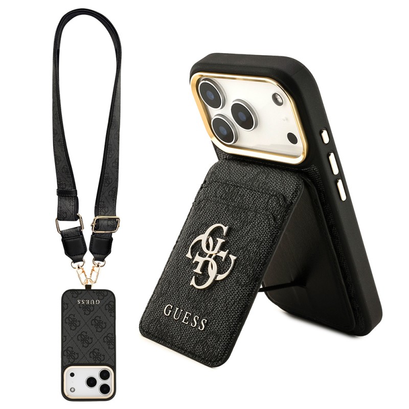 Bal-z Apple iPhone 17 Pro Kılıf Guess Orjinal Lisanslı M-safe Şarj Özellikli Askılı ve 4G Logo Kartlıklı Kapak