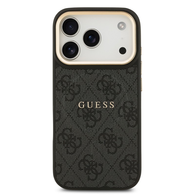 Bal-z Apple iPhone 17 Pro Kılıf Guess Orjinal Lisanslı M-safe Şarj Özellikli Gold Metal Kamera Çerçeveli PU Deri 4G Desenli Yazı Logolu Kapak