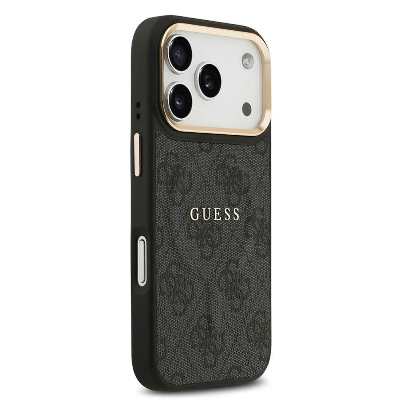 Bal-z Apple iPhone 17 Pro Kılıf Guess Orjinal Lisanslı M-safe Şarj Özellikli Gold Metal Kamera Çerçeveli PU Deri 4G Desenli Yazı Logolu Kapak