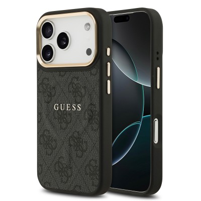 Bal-z Apple iPhone 17 Pro Kılıf Guess Orjinal Lisanslı M-safe Şarj Özellikli Gold Metal Kamera Çerçeveli PU Deri 4G Desenli Yazı Logolu Kapak