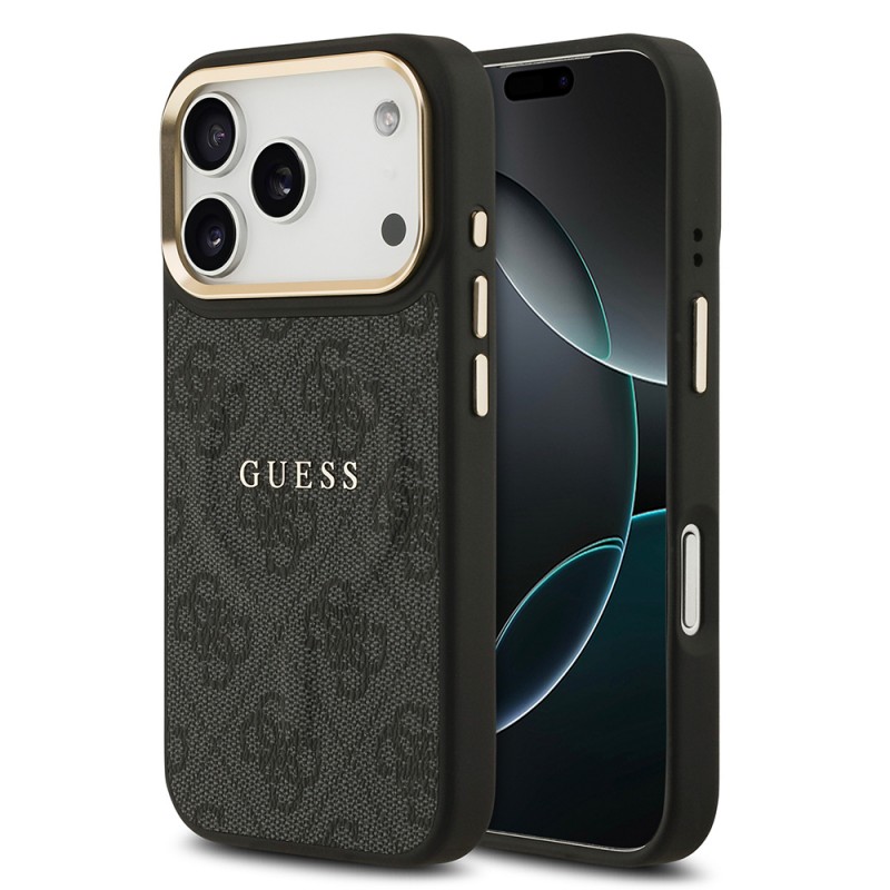 Bal-z Apple iPhone 17 Pro Kılıf Guess Orjinal Lisanslı M-safe Şarj Özellikli Gold Metal Kamera Çerçeveli PU Deri 4G Desenli Yazı Logolu Kapak