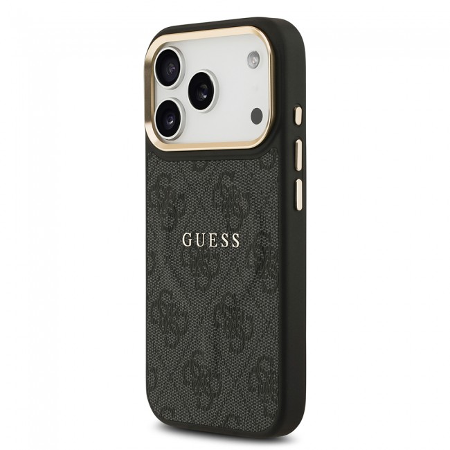 Apple iPhone 17 Pro Kılıf Guess Orjinal Lisanslı M-safe Şarj Özellikli Gold Metal Kamera Çerçeveli PU Deri 4G Desenli Yazı Logolu Kapak Apple iPhone 17 Pro Kılıf Guess Orjinal Lisanslı M-safe Şarj Özellikli Gold Metal Kamera Çerçeveli PU Deri 4G Desenli Yazı Logolu Kapak