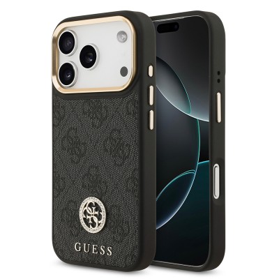 Bal-z Apple iPhone 17 Pro Kılıf Guess Orjinal Lisanslı M-safe Şarj Özellikli Gold Metal Kamera Çerçeveli Taşlı 4G Logolu Kapak