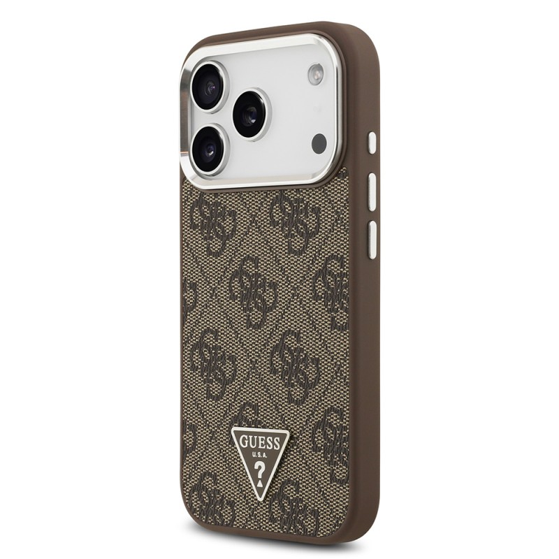 Bal-z Apple iPhone 17 Pro Kılıf Guess Orjinal Lisanslı M-safe Şarj Özellikli Gümüş Metal Kamera Çerçeveli Üçgen Logo 4G Desenli Kapak