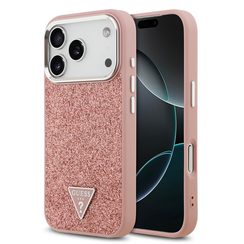 Bal-z Apple iPhone 17 Pro Kılıf Guess Orjinal Lisanslı M-safe Şarj Özellikli Metal Kamera Çerçeveli Üçgen Logolu Glitter Kapak