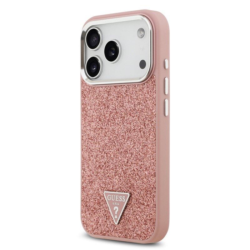 Bal-z Apple iPhone 17 Pro Kılıf Guess Orjinal Lisanslı M-safe Şarj Özellikli Metal Kamera Çerçeveli Üçgen Logolu Glitter Kapak