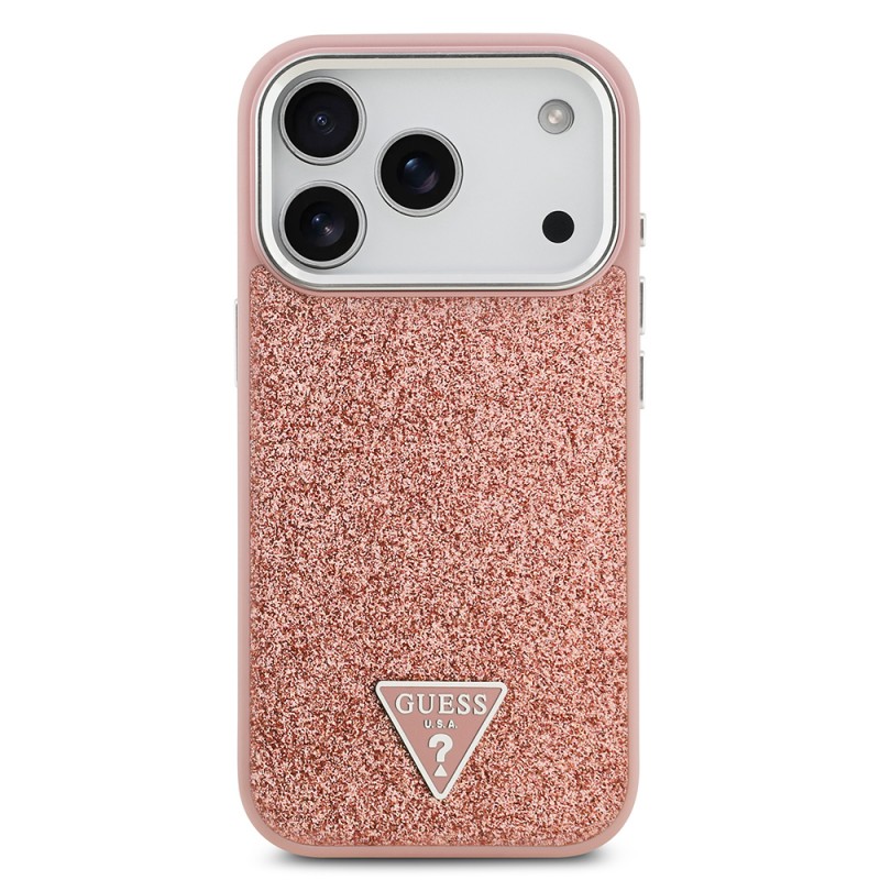 Bal-z Apple iPhone 17 Pro Kılıf Guess Orjinal Lisanslı M-safe Şarj Özellikli Metal Kamera Çerçeveli Üçgen Logolu Glitter Kapak