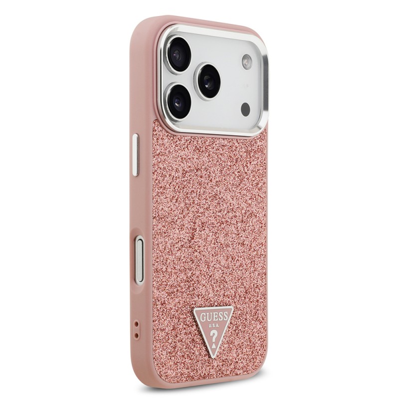 Bal-z Apple iPhone 17 Pro Kılıf Guess Orjinal Lisanslı M-safe Şarj Özellikli Metal Kamera Çerçeveli Üçgen Logolu Glitter Kapak