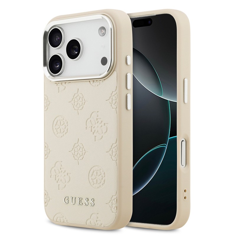 Bal-z Apple iPhone 17 Pro Kılıf Guess Orjinal Lisanslı M-safe Şarj Özellikli Sıcak Baskılı Klasik Yazı Logolu PU Deri Peony Kapak