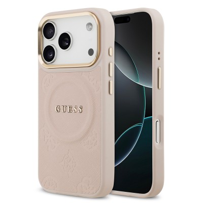 Bal-z Apple iPhone 17 Pro Kılıf Guess Orjinal Lisanslı M-safe Şarj Özellikli Sıcak Baskılı Yazı Logolu PU Deri Peony Kapak