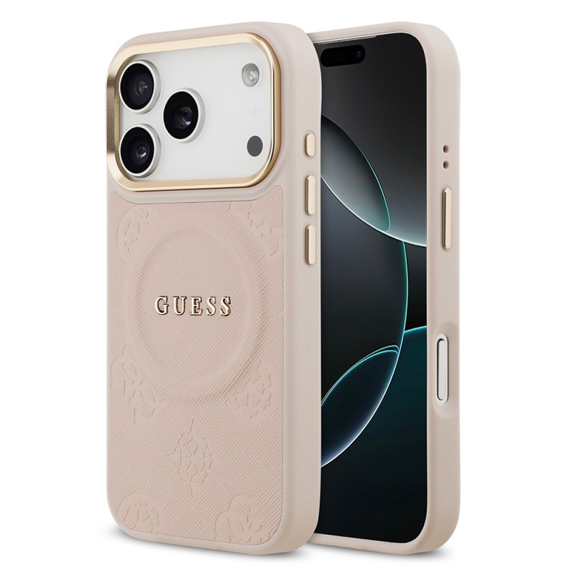 Bal-z Apple iPhone 17 Pro Kılıf Guess Orjinal Lisanslı M-safe Şarj Özellikli Sıcak Baskılı Yazı Logolu PU Deri Peony Kapak