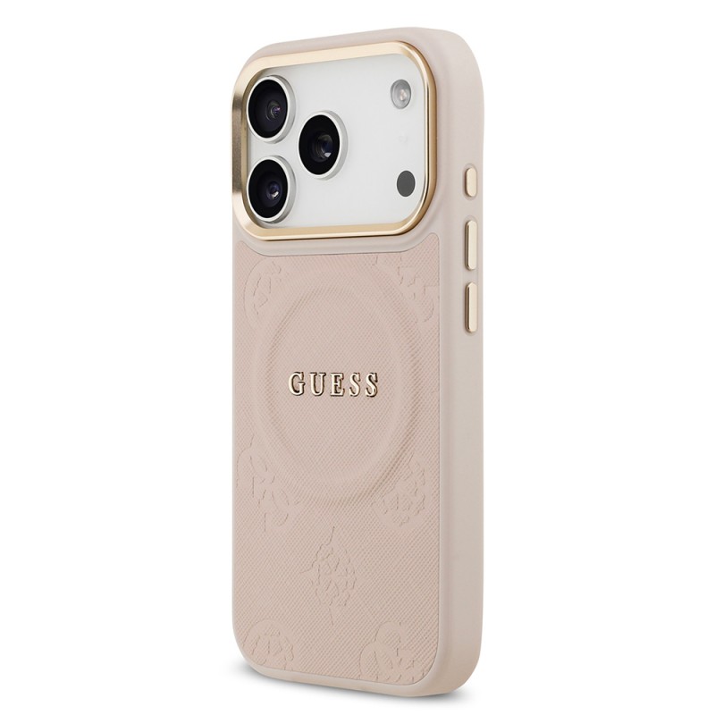 Bal-z Apple iPhone 17 Pro Kılıf Guess Orjinal Lisanslı M-safe Şarj Özellikli Sıcak Baskılı Yazı Logolu PU Deri Peony Kapak