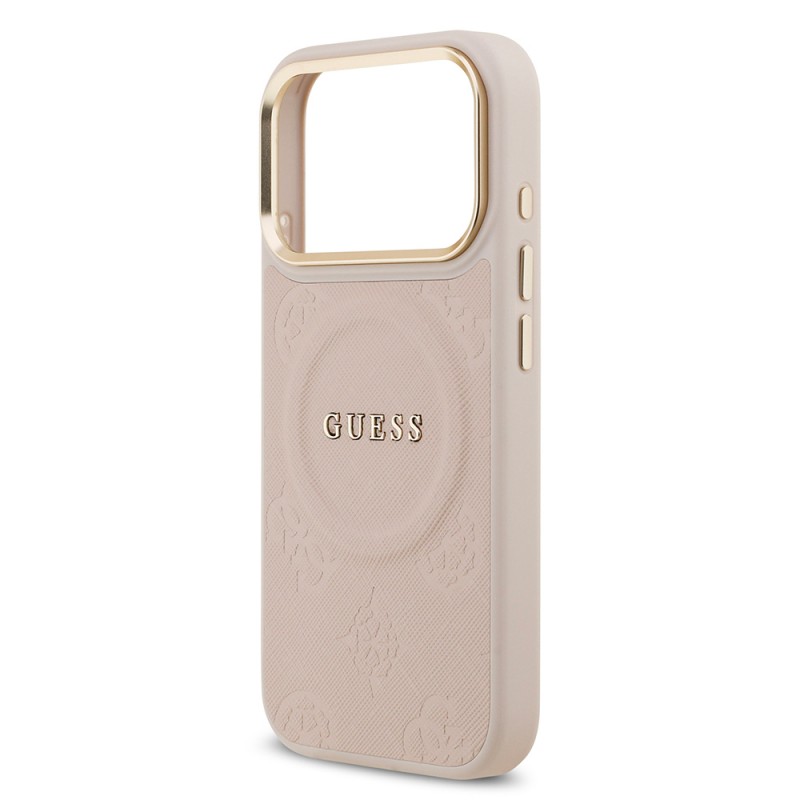 Bal-z Apple iPhone 17 Pro Kılıf Guess Orjinal Lisanslı M-safe Şarj Özellikli Sıcak Baskılı Yazı Logolu PU Deri Peony Kapak