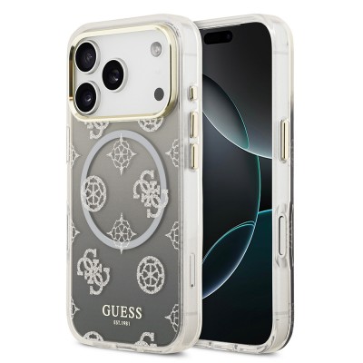 Bal-z Apple iPhone 17 Pro Kılıf Guess Orjinal Lisanslı M-safe Şarj Özellikli Simli Peony Desenli Silikon Kapak