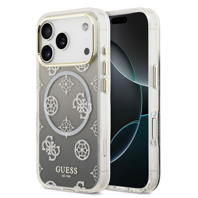 Bal-z Apple iPhone 17 Pro Kılıf Guess Orjinal Lisanslı M-safe Şarj Özellikli Simli Peony Desenli Silikon Kapak