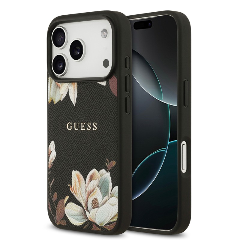 Bal-z Apple iPhone 17 Pro Kılıf Guess Orjinal Lisanslı M-safe Şarj Özellikli Taneli Çiçek Tasarımlı Metal Yazı Logolu Kapak