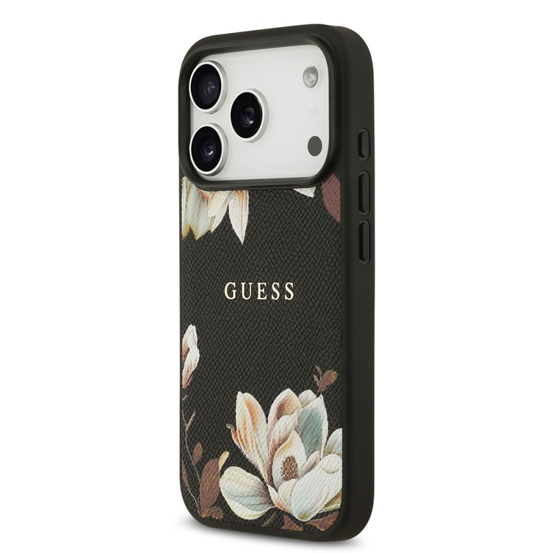 Bal-z Apple iPhone 17 Pro Kılıf Guess Orjinal Lisanslı M-safe Şarj Özellikli Taneli Çiçek Tasarımlı Metal Yazı Logolu Kapak
