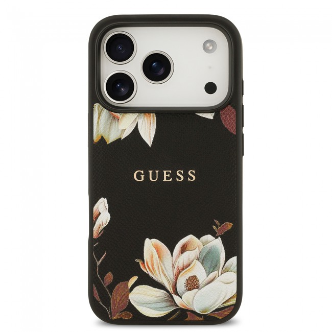Apple iPhone 17 Pro Kılıf Guess Orjinal Lisanslı M-safe Şarj Özellikli Taneli Çiçek Tasarımlı Metal Yazı Logolu Kapak Apple iPhone 17 Pro Kılıf Guess Orjinal Lisanslı M-safe Şarj Özellikli Taneli Çiçek Tasarımlı Metal Yazı Logolu Kapak