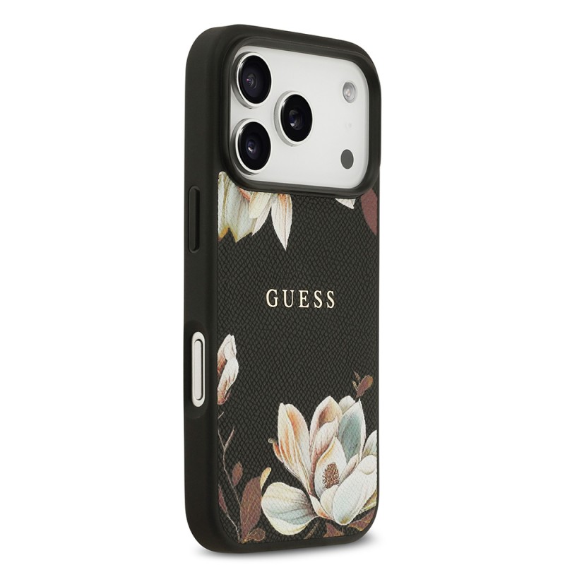 Bal-z Apple iPhone 17 Pro Kılıf Guess Orjinal Lisanslı M-safe Şarj Özellikli Taneli Çiçek Tasarımlı Metal Yazı Logolu Kapak