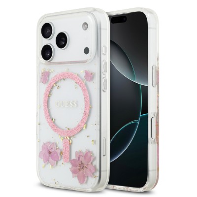 Bal-z Apple iPhone 17 Pro Kılıf Guess Orjinal Lisanslı M-safe Şarj Özellikli Transparan Resin Flowers Kapak