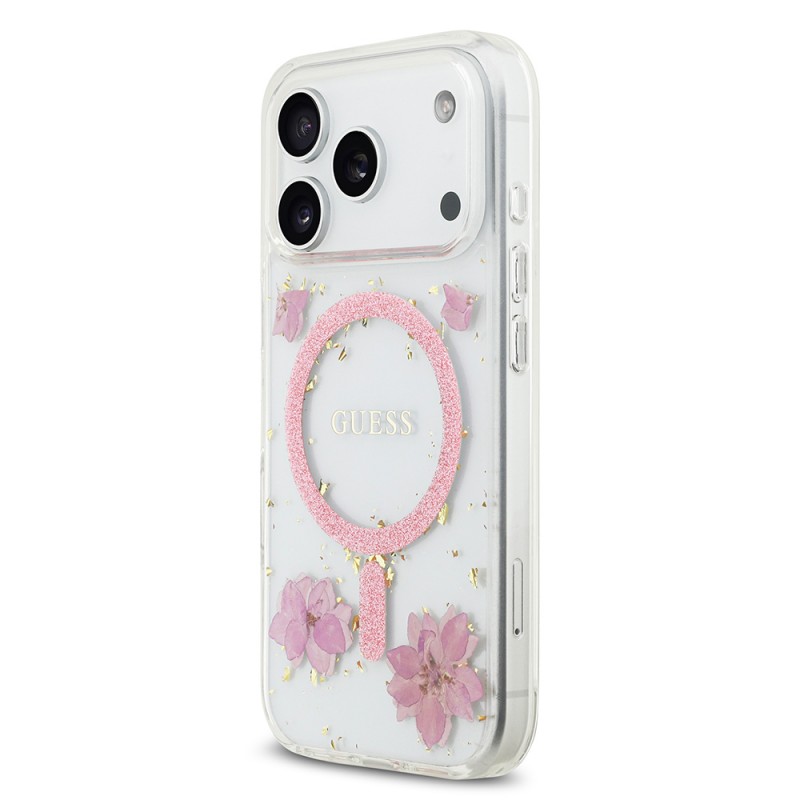Bal-z Apple iPhone 17 Pro Kılıf Guess Orjinal Lisanslı M-safe Şarj Özellikli Transparan Resin Flowers Kapak