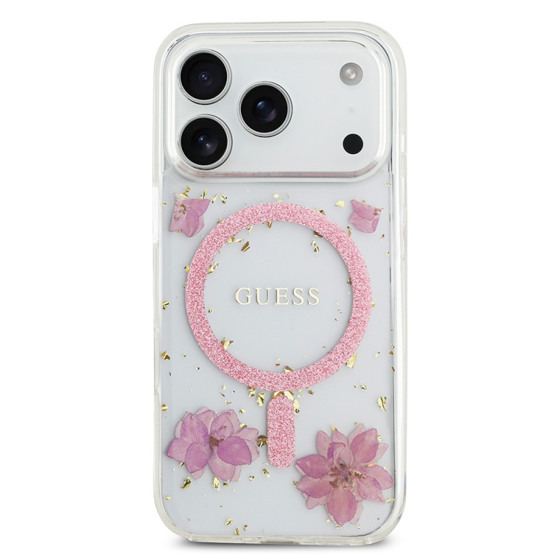 Bal-z Apple iPhone 17 Pro Kılıf Guess Orjinal Lisanslı M-safe Şarj Özellikli Transparan Resin Flowers Kapak
