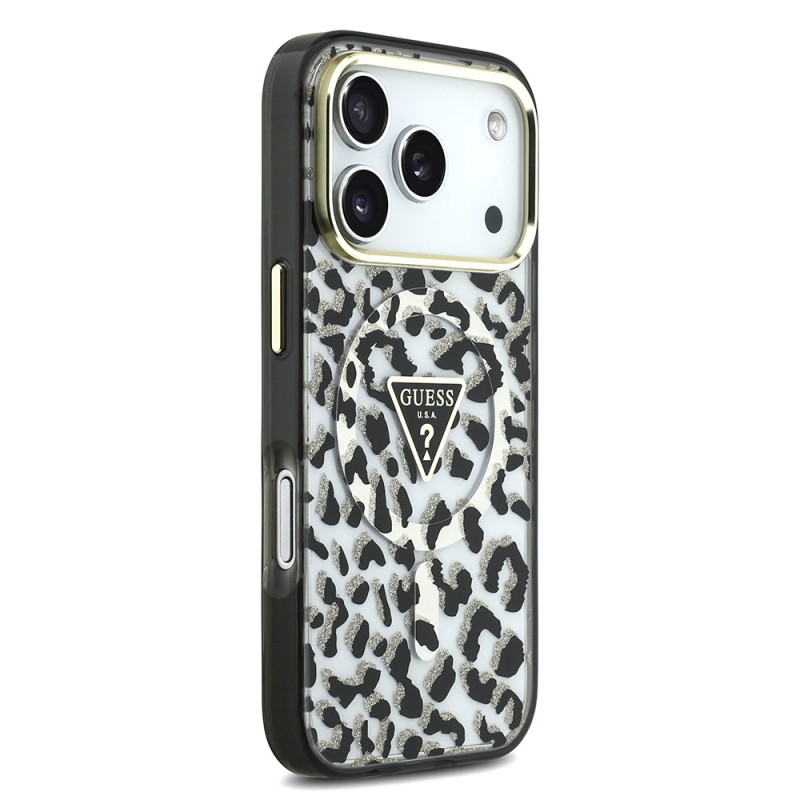 Bal-z Apple iPhone 17 Pro Kılıf Guess Orjinal Lisanslı M-safe Şarj Özellikli Üçgen Logolu Simli Leopar Desenli Kapak