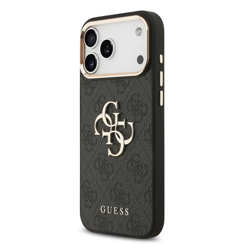 Bal-z Apple iPhone 17 Pro Max Kılıf Guess Orjinal Lisanslı Gold Metal Kamera Çerçeveli 4G Desenli Metal Büyük 4G ve Yazı Logolu Kapak