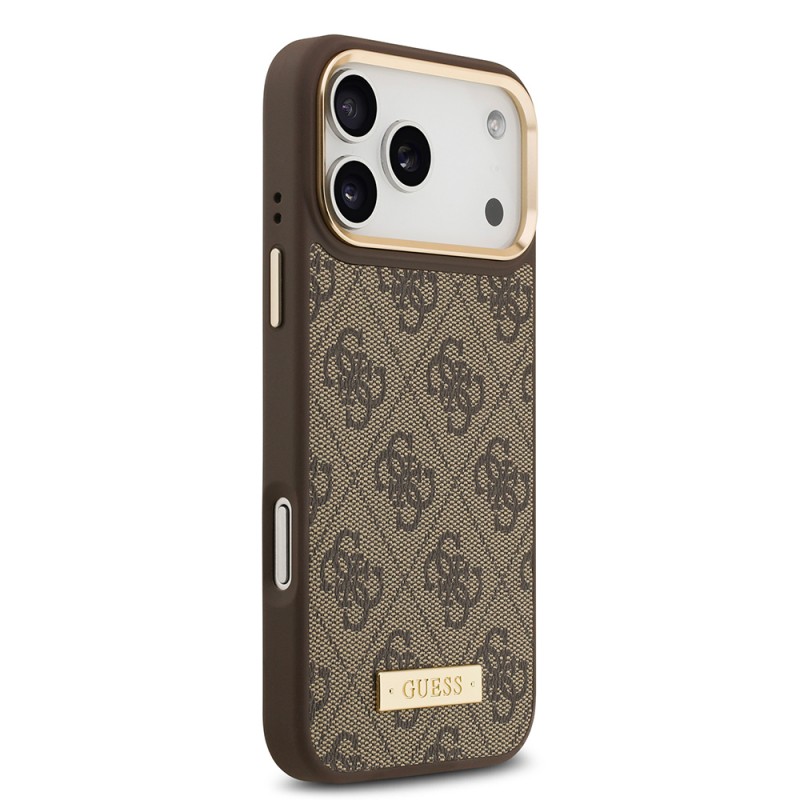 Bal-z Apple iPhone 17 Pro Max Kılıf Guess Orjinal Lisanslı M-safe Şarj Özellikli 4G Desenli PU Metal Plaka Klasik Logolu Kapak