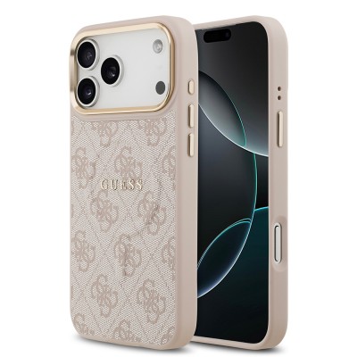 Bal-z Apple iPhone 17 Pro Max Kılıf Guess Orjinal Lisanslı M-safe Şarj Özellikli Gold Metal Kamera Çerçeveli PU Deri 4G Desenli Yazı Logolu Kapak