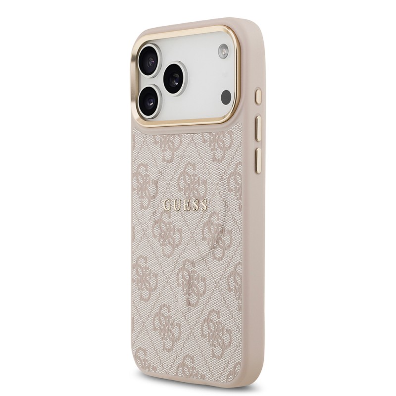 Bal-z Apple iPhone 17 Pro Max Kılıf Guess Orjinal Lisanslı M-safe Şarj Özellikli Gold Metal Kamera Çerçeveli PU Deri 4G Desenli Yazı Logolu Kapak