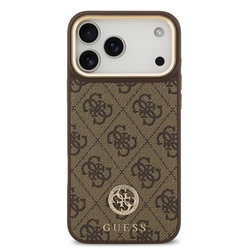 Bal-z Apple iPhone 17 Pro Max Kılıf Guess Orjinal Lisanslı M-safe Şarj Özellikli Gold Metal Kamera Çerçeveli Taşlı 4G Logolu Kapak